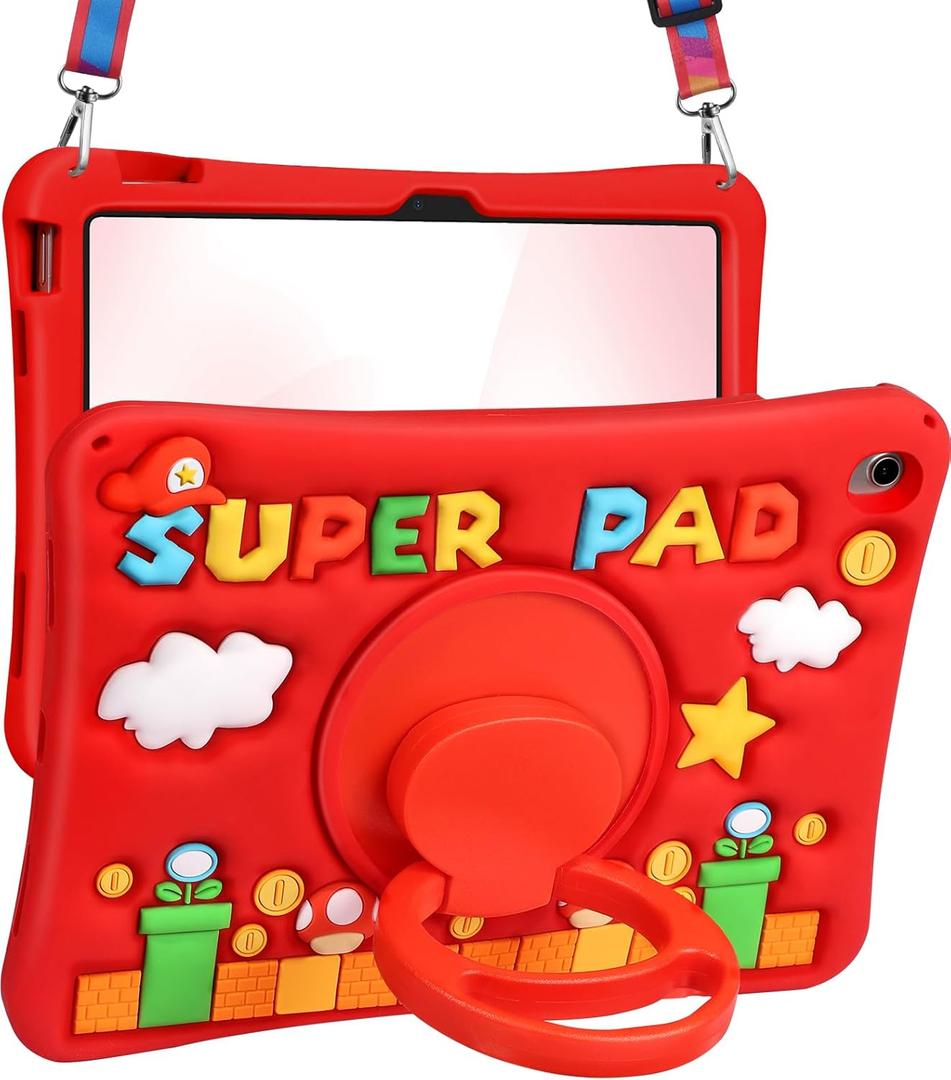 Cute for iPad A16 Case/for iPad 10th Generation/11 Inch Case - Silicone 3D Design for Girls Women Teens Girly Kawaii Funny Cartoon Soft Stand with Lanyard, Red