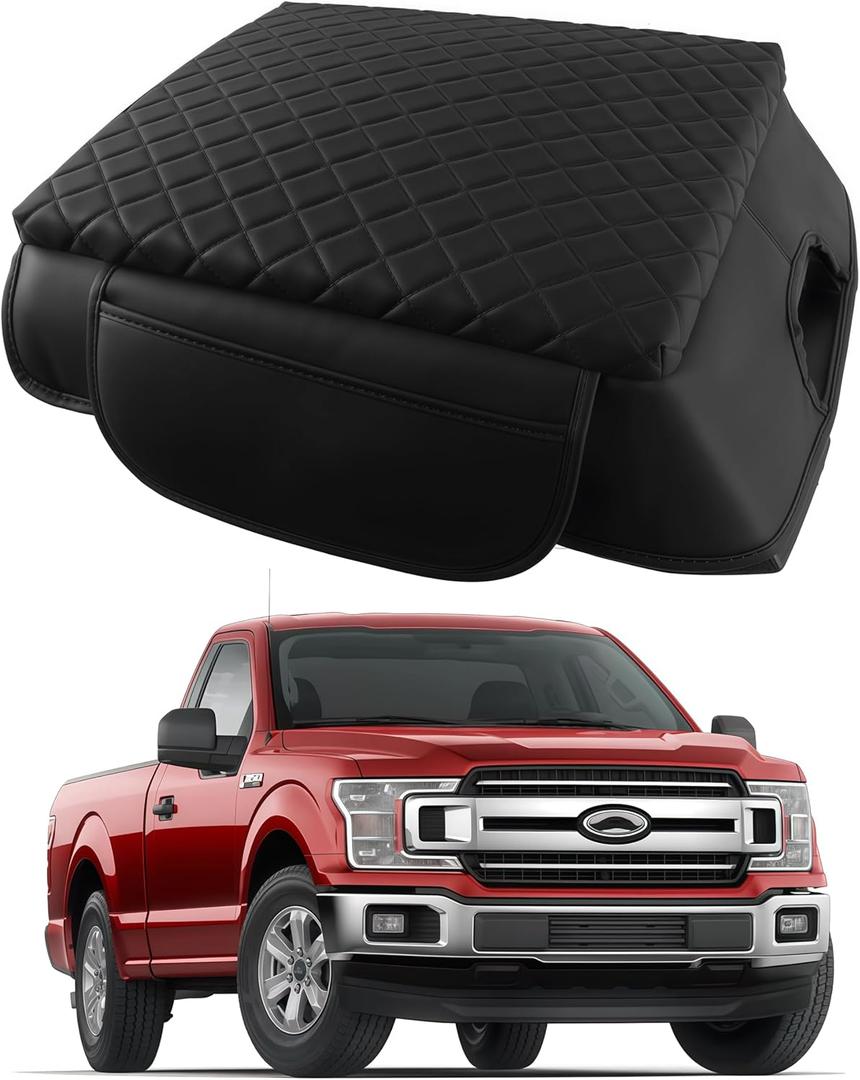 Center Console Cover for 2015-2020 Ford F150 and 2017-2022 F250 F350 F450 Armrest Lid Pad with Organizer Pockets, Black Faux Leather Cushion (Bucket Seat Only)
