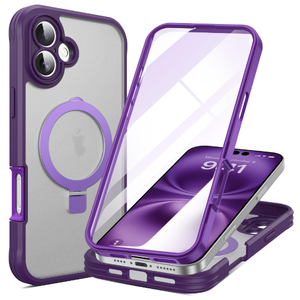 for iPhone 16 Plus Case with Invisible Magnetic Stand, Compatible with Mag-Safe Translucent Matte with Built-in Screen Protector, Shockproof Protective Phone Case for Women Men, Purple 