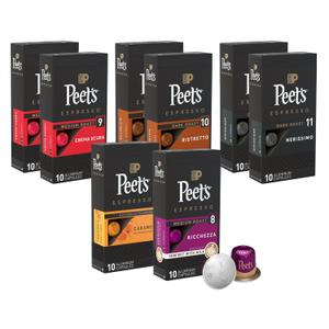 Peet's Coffee, Dark Roast Espresso Capsules Variety Pack, Compatible with Nespresso Original Machine - Intensity 8-11, 80 Count (8 Boxes of 10 Espresso Capsules)