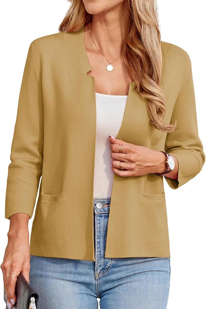 GRACE KARIN Women Sweater Blazer 3/4 Sleeve Cropped Cardigan Lightweight Notch Collar Knit Blazer Jacket Business Casual