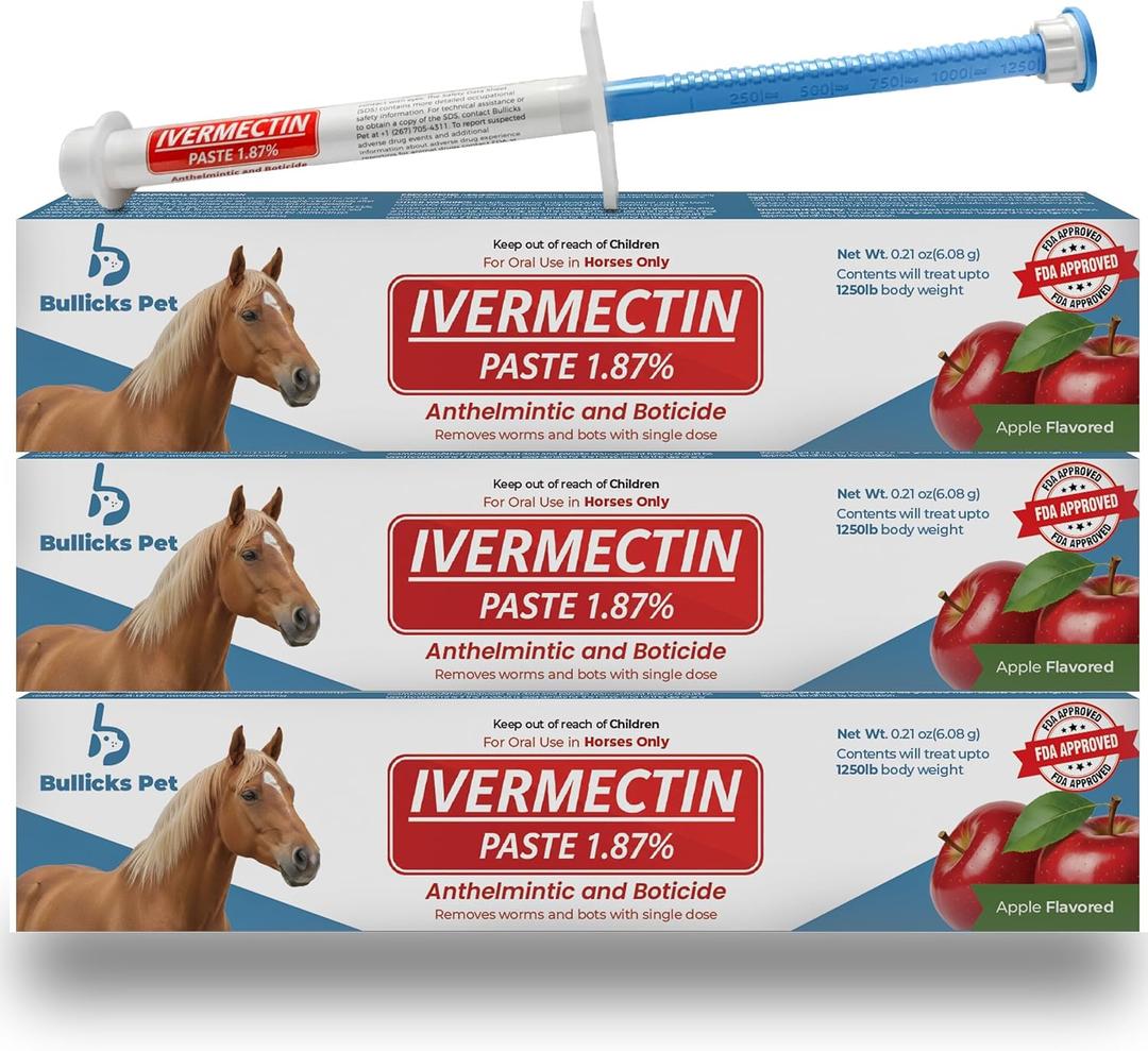 Ivermectin Horse Paste 1.87% Dewormer  Apple Flavored Anthelmintic, Broad-Spectrum Parasite Control for Horses Up to 1250 LB (3-Pack)