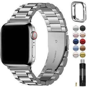 Fullmosa Metal Band Compatible with Apple Watch Bands 45mm 44mm 42mm 46mm 49mm 41mm 40mm 38mm, iWatch Band with Case for Apple Watch Series 11 10 9 8 7 6 5 4 3 2 1 SE3/2/1 Ultra3/2/1 , 42mm 44mm 45mm, Silver