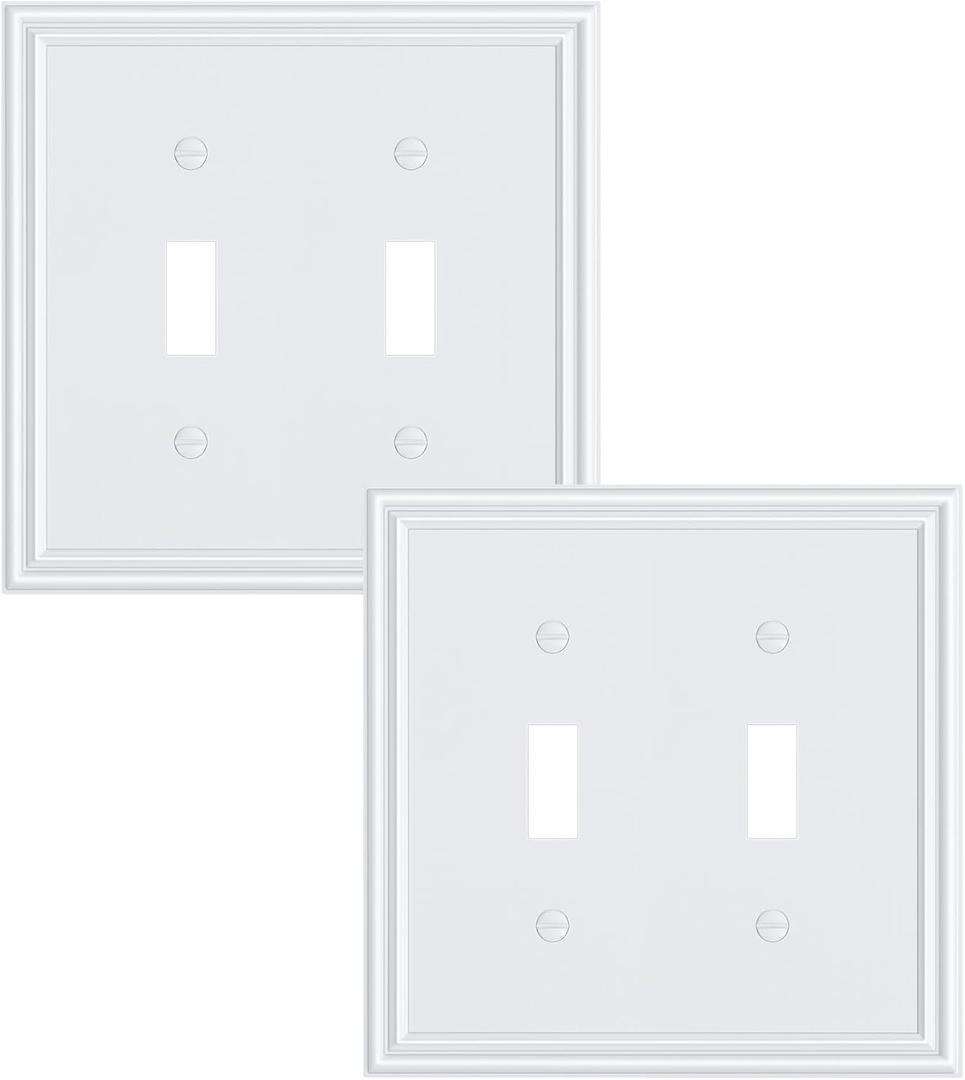 2-Pack Double Toggle Light Switch Cover Plate, Durable Solid Zinc Alloy Decorative Dual Switch Plate Covers, Pure White 2 Gang Wall Plate, Corrosion Resistant