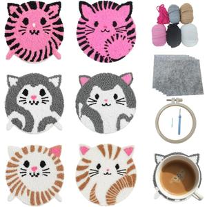 57lilina Punch Needle Coaster Kit for Adults Beginners Kids, 6 Set Complete Animal Cat Punch Needle Stitching Embroidery Art Kit, Step-by-Step Guide Make Punch Needling Drink Coasters for Starter