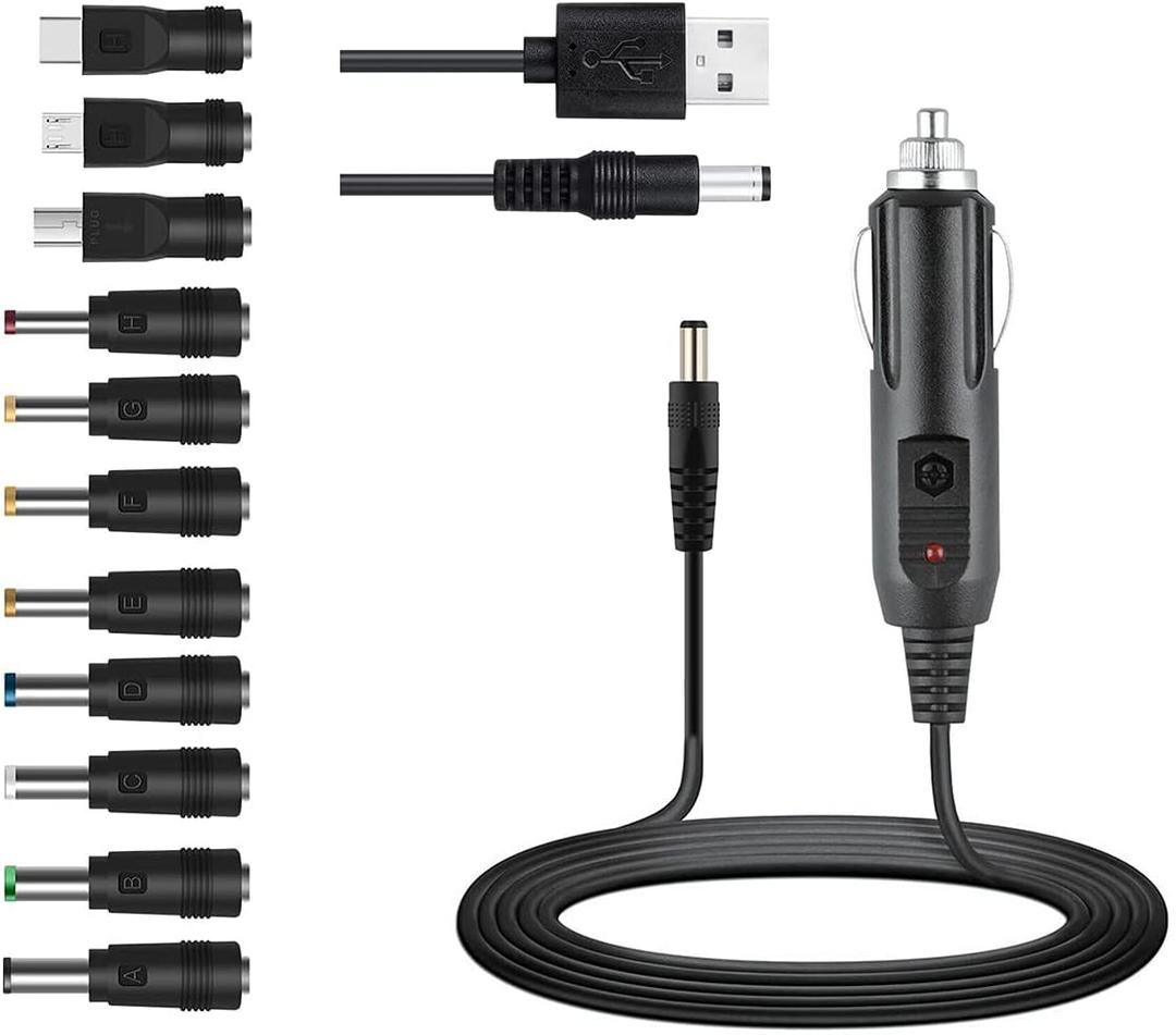 12V Car Charger(Max 10A) + 5V DC Power Cable,with 11 Connectors for DVD Player,Camera,GPS,Bluetooth Speakers,Shaver Fans