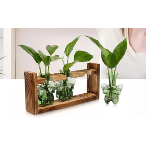 Glass Plant Propagation Station Butterfly Planter Vase with Wooden Stand Birthday Gifts for Women Mom Plant Lovers Office Home Decoration