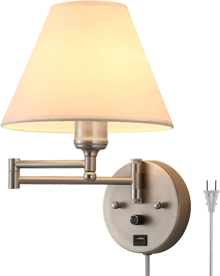 Swing Arm Wall Sconces, Plug-in Wall lamp,Bedroom Wall lamp White Fabric Shadewith dimmable Switch and USB Charging Port, Suitable for Bedside, Living Room, Reading (Nickel)