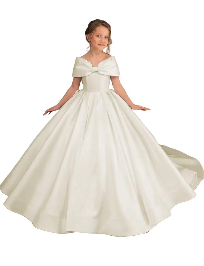 Off Shoulder Flower Girl Dress for Wedding Satin First Communion Dress for Girls Long Ball Gowns with Bow, 8