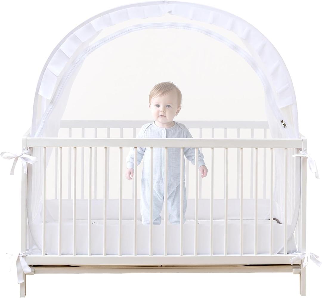 Lazyzzzz Crib Tent - Pop Up Crib Canopy with Double Zipper Self-Locked,1200 Holes/Inch Mesh Crib Net to Keep from Climbing Out, Portable Easy Install Mosquito Net 55" L x 27" W x 51" H White