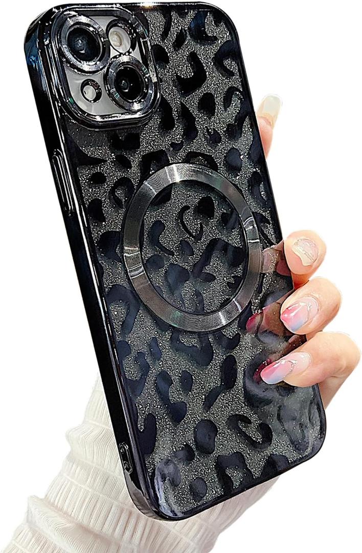 for iPhone 14 Case Magnetic, Soft Cute Luxury Leopard Cheetah Pattern Plating Glitter Bling Phone Case Compatible with MagSafe Clear Shockproof Back Cover for Women Girl 6.1"-Black