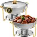 IMACONE Chafing Dish Buffet Set of 2, 5QT Round Stainless Steel Chafer for Catering, Upgraded Chafers and Buffet Warmer Sets with Food & Water Pan, Gold Frame, Fuel Holder for Party Wedding Holiday