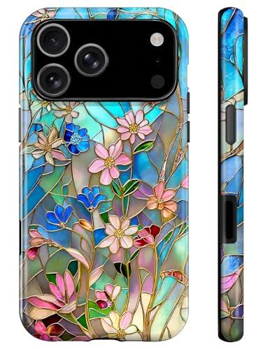 Generic Case for iPhone 17 Pro Max,Stained Glass Bloom Flower Phone Case Drop Resistant Glossy 2 in 1 Solid Dual-Layer Cover for Girl Women