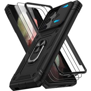Gritup for Samsung Galaxy S21 Ultra Case with 2PCS Screen Protector, Build in 360 Rotating Ring Kickstand, Military Grade Protective Case for Galaxy S21 Ultra 5G Phone, Black