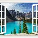 Fake Window Wall Decal Mountains Lake View Faux Window Sticker Office Poster Picture Open Landscape Wall Art Decor, Stick and Peel Natural Scenery Scene Mural 16"x24"