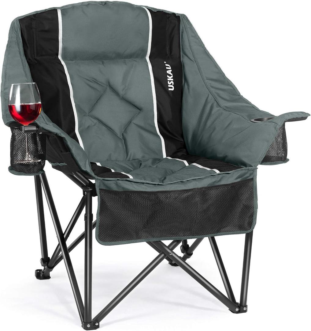 Oversized Camping Chair for Adults - Heavy Duty 400 lbs Padded Folding Chair with Wine Glass Holder, 2 Cup Holders & Side Pockets, Portable Carry Bag for RV, Tailgating, Lawn, Single Seat