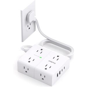 Surge Protector Power Strip, 5Ft Flat Extension Cord Flat Plug with 4 USB Charging Ports (2 USB C) 8 Widely Outlets, 1080J Wall Mount Outlet Extender, Office Supplies, Dorm Room Essentials (White)