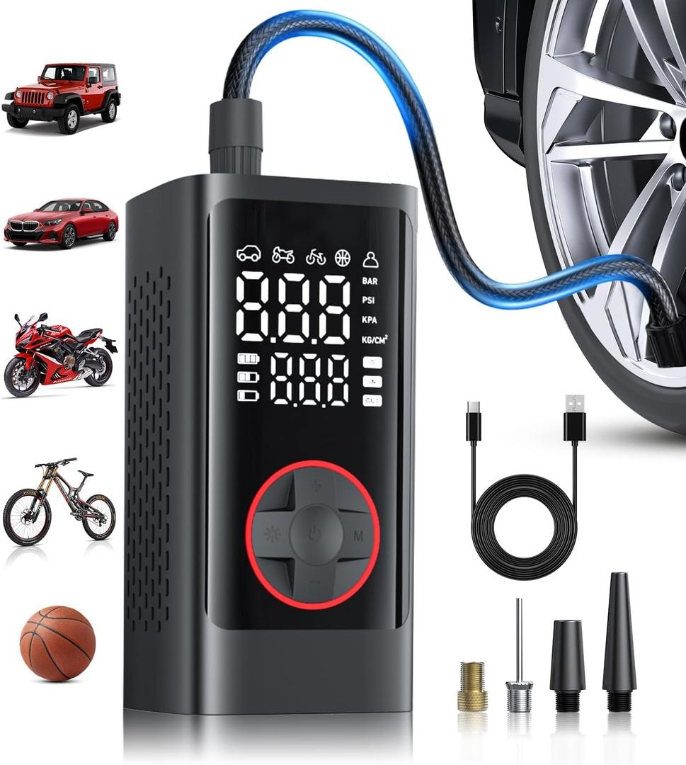 Tire Inflator Portable Air Compressor, Cordless Air Pump for Car Tires, 150PSI Portable Tire Inflator, LCD Dual Screen, Electric Pumps for Car Bike Motorcycle Balls