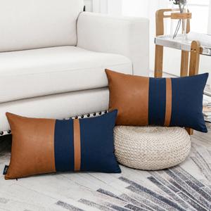 Set of 2 Navy and Brown Decorative Throw Pillow 17x17