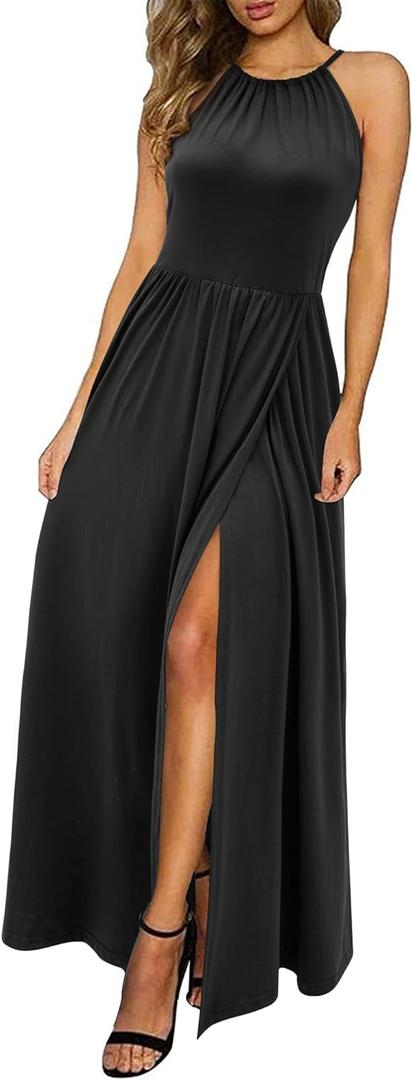 KILIG Women's Summer Maxi Dress 2025 Casual Sleeveless Split Floral Sundress Beach Vacation Flowy Long Dresses (Black, XL)