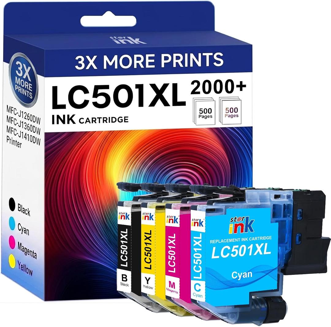 Starink LC501XL Ink Cartridges for Brother Printer Compatible for Brother LC501 Ink Cartridges LC501XL LC501 XL Fit for MFC-J1360DW MFC-J1410DW MFC-J1260W Printer -4 Pack Black Cyan Magenta Yellow