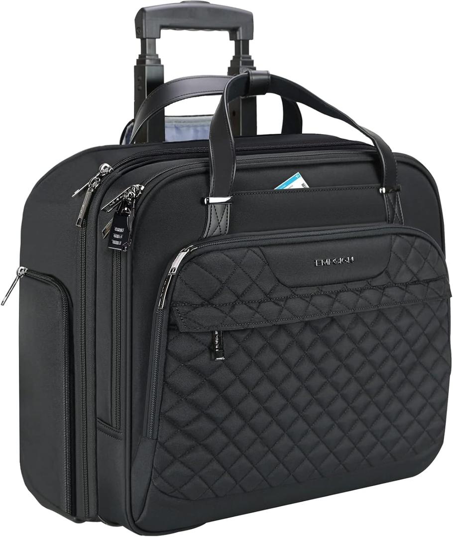 EMPSIGN Rolling Laptop Bag Women with Wheels, Briefcase for Women Fits Up to 15.6 Inch Laptop Briefcase on Wheels, Water-Repellent Overnight Rolling Computer Bag with RFID Pockets, Black