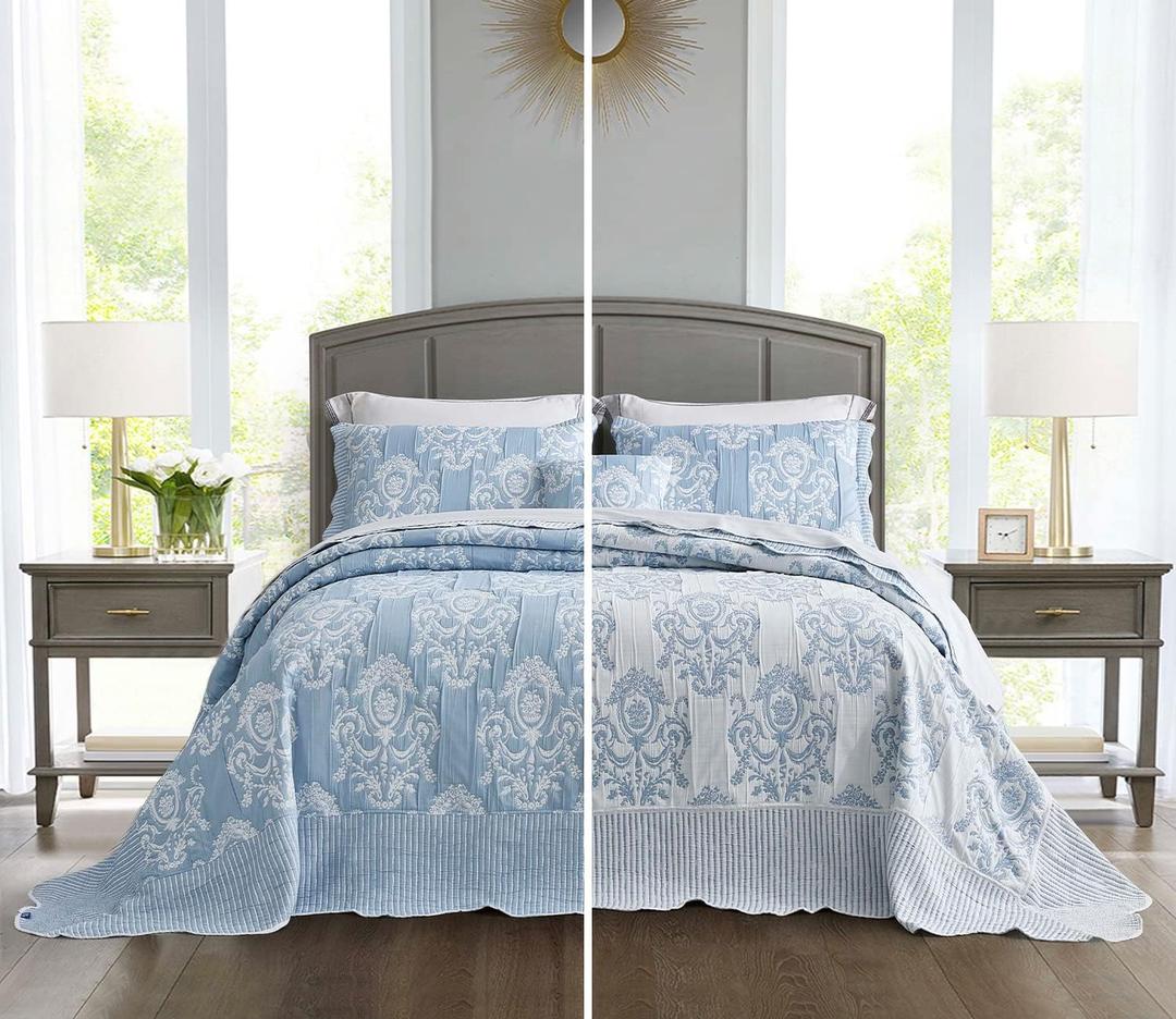 HZ & HY Oversized King Bedspreads, Jacquard Damask, Soft Blue, Oversized King/Cal King