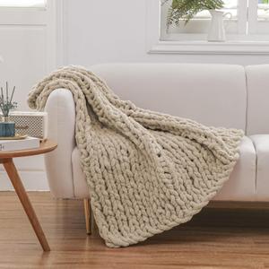 WESHIONGOO Chunky Knit Blanket Throw 40"40" Knitted Throw Blankets for Couch Bed Fluffy Soft Blanket with Jumbo Chenille Yarn Thick 100% Handmade (Linen)