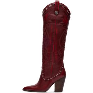 VOMIRA Knee High Cowboy Boots for Women Pointed Toe Chunky High Heels Pull-on Embroidered Boots Western Boots Wide Calf Cowgirl Boots (7.5, Burgundy)
