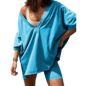 TAQCUX 2 Two Piece Outfits for Women Summer Oversized Workout V Neck T Shirts Biker Shorts Matching Sets, L