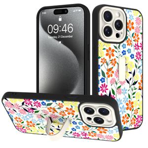 Fsoole for iPhone 15 Pro Case with Finger Strap Holder, Cute Colorful Floral Flower Print Pattern Design for Women Girls, Shockproof Anti Scratch Hand Kickstand Protective Cover, White