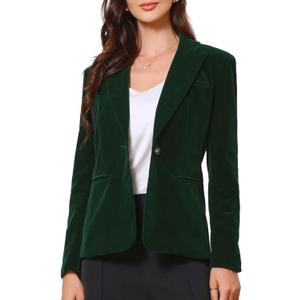 Allegra K Velvet Blazer for Women Casual Business Button Jacket Winter Lapel Long Sleeve Vintage Christmas Blazers, Small, Dark Green