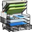 MINDEPOT 4-Tier Paper Organizer + 3-Pocket File Holder + Drawer + Pen Holders, Desktop File Organizers Paper Tray for Office Accessories School Classroom Organization (Black)