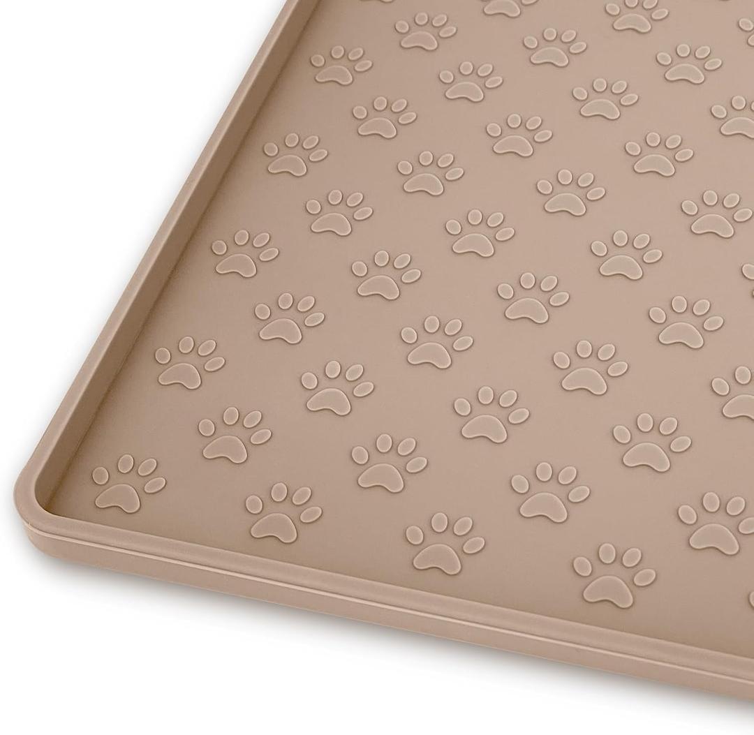 Ptlom Silicone Dog Food Mat Waterproof Pet Feeding Mat with High-Lips, Anti-Slip Dog Bowl Mat for Food & Water, Non-Spill Puppy Feeding Tray for Small, Medium & Large Dogs and Cats, Taupe (18"L x 12"W)