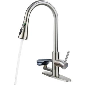Kitchen Faucet with Glass Rinser, Pull Down Sink Faucet with 3 Spray Modes and High Pressure Glass Rinser, Temperature Display High Arc Stainless Steel Kitchen Faucets (Brushed Nickel)