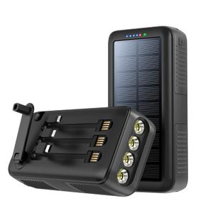 Solar Power Bank Portable Charger 63200mAh Battery Pack, Hand Crank Charger Dual Outputs Inputs 4 LED Flashlight, Fast Charging with Built in Cables Power for Phone Camping Emergency Travel