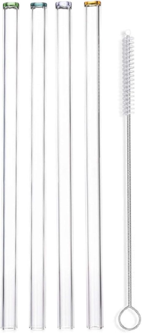 Reusable Clear Glass Straws - Artisanal Colored Tips, Wide Flow for Smoothies, Juices, Frozen Drinks, Milkshakes, Tea - Portable Travel Drinking, Long