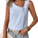Women's Button Asymmetrical V Neck Striped Print Blouses Casual Sleeveless Tank Top Summer Shirt Tops (Blue, L)