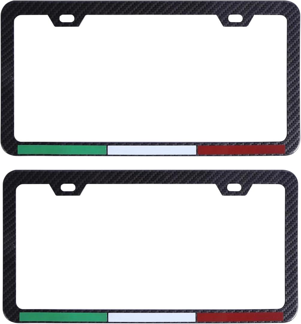 (Pack of 2) Italy License Plate Frame Aluminum with Carbon Fiber Finished Screw and Caps Included Italian Flag License Plate Frame for Maserati Alfa Romeo Ferrari Fiat