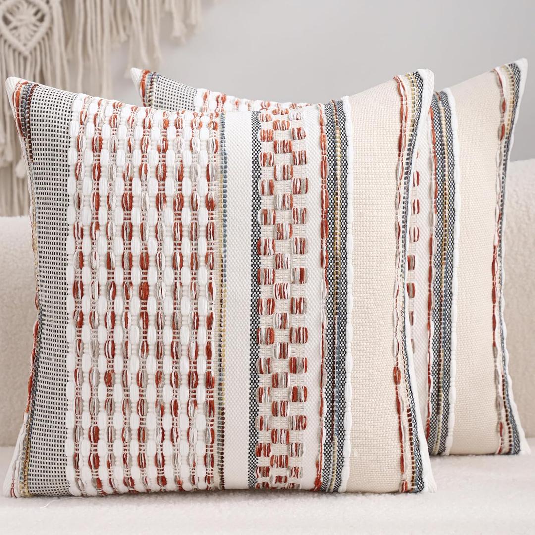 Boho Throw Pillow Covers 18x18 Set of 2 Farmhouse Decorative Cushion Case Striped Square Pillows Cover Chenille Pillow Cases Accent Neutral Pillowcase for Sofa Couch Bed,Rust Red