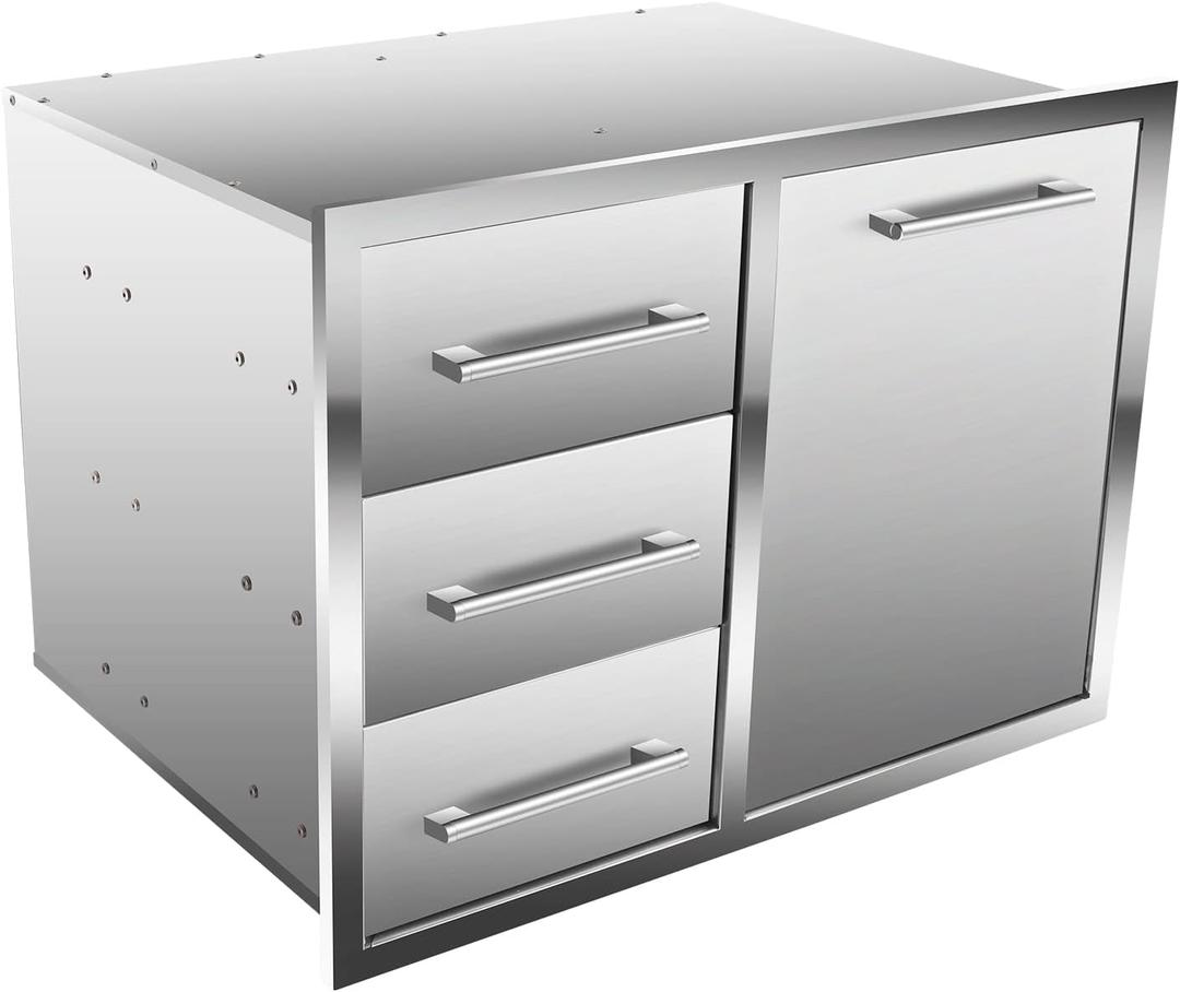 Outdoor Kitchen Drawer Combo, BBQ Access Trash Drawer Combo with Triple Stainless Steel Drawers(Left), Outdoor Kitchen for BBQ Island, Grilling Station, Outside Cabinet (28" W x 19.6D x 20.1" H)