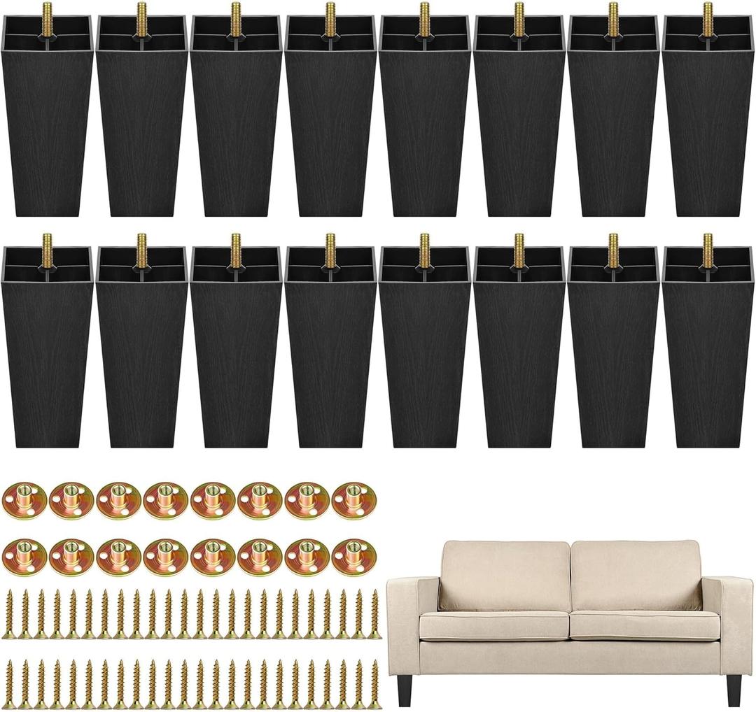 TURSTIN 16 Pack 8 Inch Furniture Legs Plastic Sofa Couch Legs Square Tapered Feet Sofa Legs with M8 T-Nuts Screws for Legs Sofas Chairs Cabinets Dressers Beds, Black