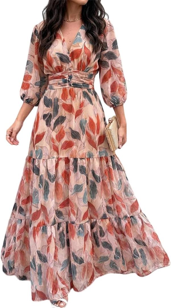 CHICME Womens Summer Boho Maxi Dress V Neck 3/4 Puff Sleeve Floral Flowy Wedding Guest Vacation Beach Long Dress (L)