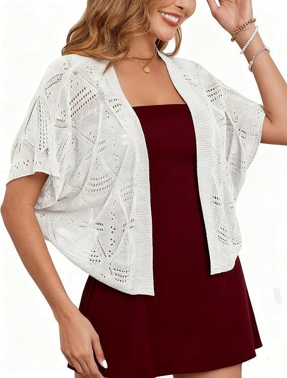 Women's Shrug Crochet Cropped Cardigan Lightweight Hollow-Out Batwing Sleeve Open Front Bolero Sweaters, White Large