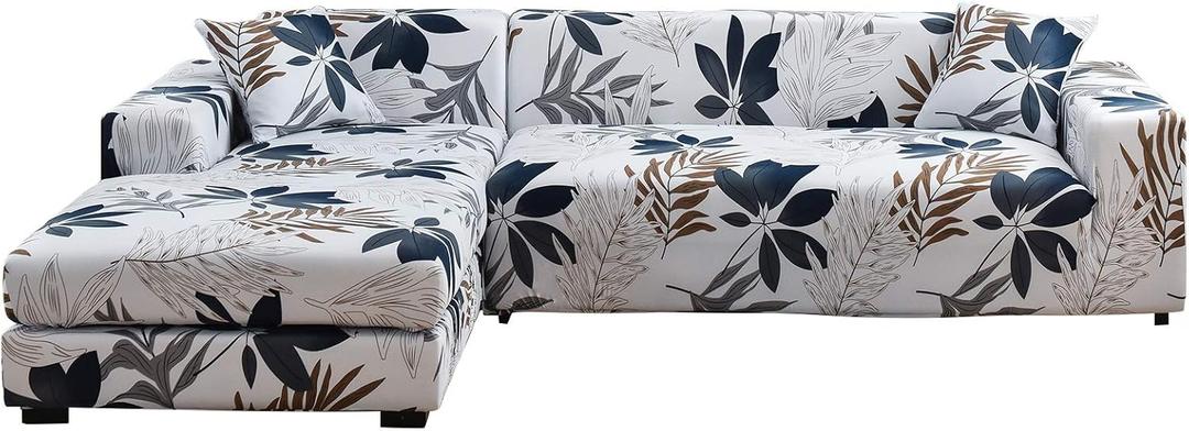 MIFXIN Sectional Sofa Covers L Shape Couch Slipcover 2pcs Stretch Elastic L-Type Chaise Sofa Couch Furniture Protector for Living Room Pets Kids (Blue Leaf)