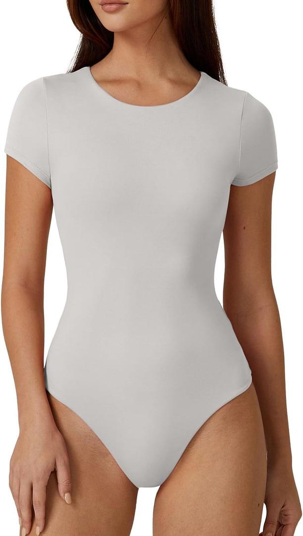 QINSEN Women's Crew Neck Short Sleeve Bodysuit Double Lined Body Suits Basic T-shirt Tops (Medium)