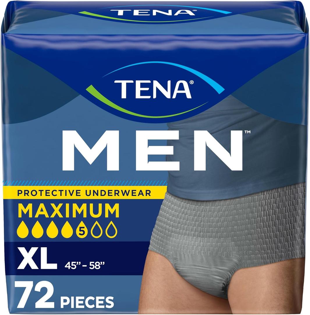TENA Protective Incontinence Underwear for Men, Maximum Absorbency, Disposable Men's Underwear, X-Large, Grey, 72 Count (Gray)