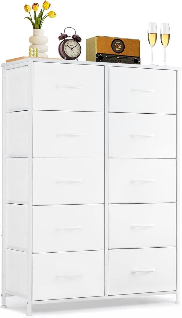 10-Drawer Dresser for Bedroom, Anti-Tip Tall Storage Organizer Chest of Drawers with Wooden Top and Metal Frame Fabric Bins for Closet, Living Room, Hallway, Entryway, White (11.8"D x 31.4"W x 45.6"H (10 Drawers))