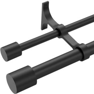 Double Curtain Rods 28-48 Inch, Matte Black Decorative Double Window Rod with Cap Finials, Adjustable 1 Inch Front and 5/8 Inch Back Double Window Drapery Rod, Telescoping Dual Curtain Rod