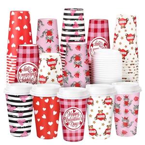 Ovveroche 100 Pack Valentine's Day Disposable Cups 16 oz Pink Red Hearts Bear Stripe Coffee Cups Wedding Anniversary Party Supplies for Hot Chocolate Cocoa Tea Coffee Bar Accessories